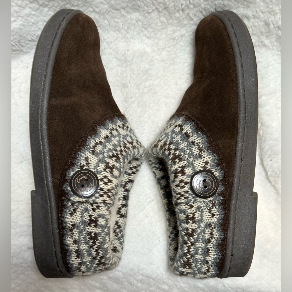Clarks Womens Size 8M Black Leather Faux Fur Slip On Clog Slippers Knit Trim - Picture 9 of 10